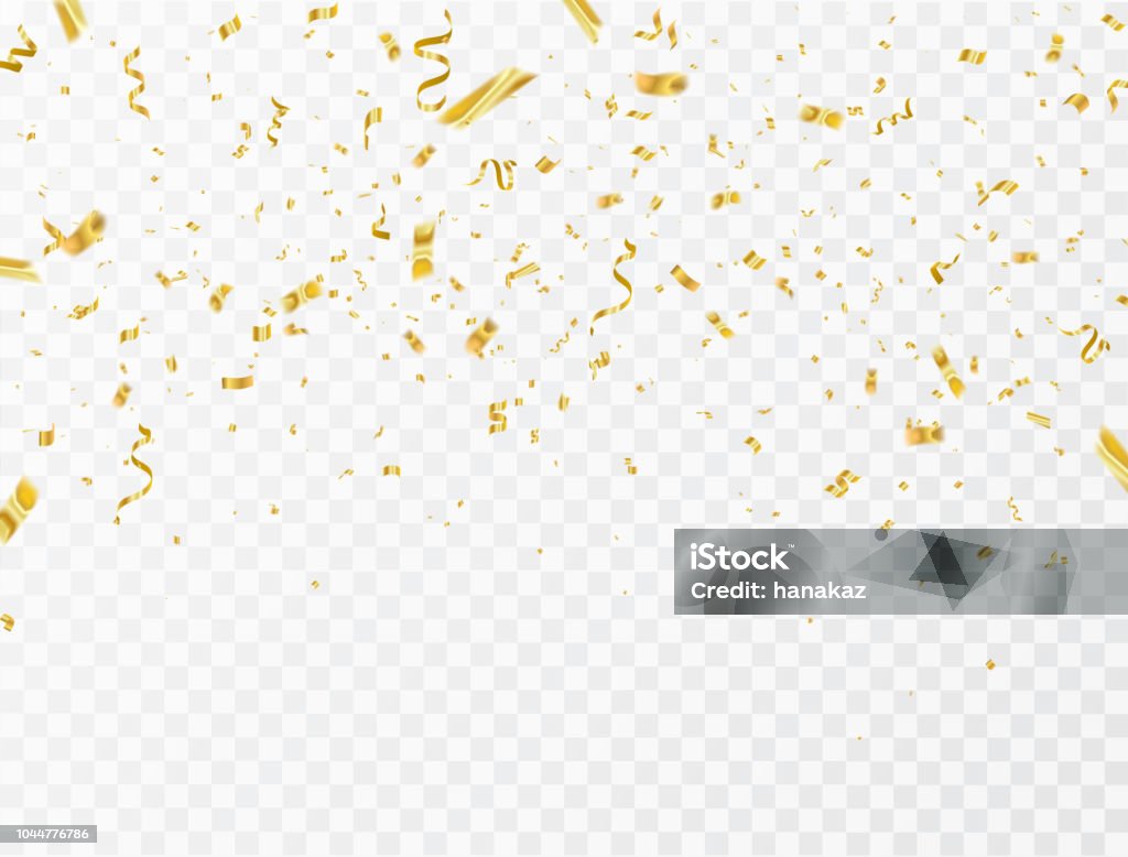 Modèle fond de célébration avec les confettis et rubans or. carte riche de voeux de luxe. - clipart vectoriel de Confetti libre de droits