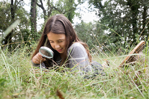 Girl lying on the grass contemplating an issect with the magnifying glass