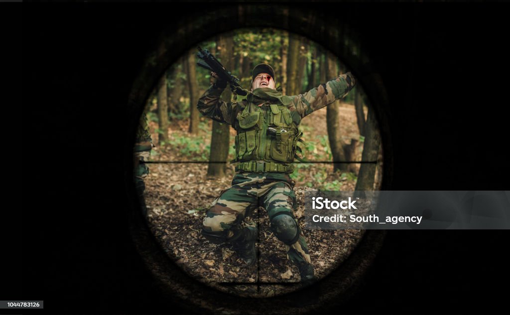 Wounded Soldier Injured Soldier During Military Operation Crosshair Stock Photo