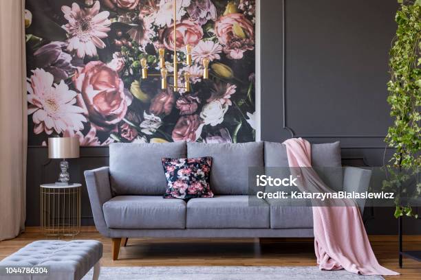 Real Photo Of A Living Room Interior With A Sofa Pillow Blanket And Flowers On Wallpaper Stock Photo - Download Image Now