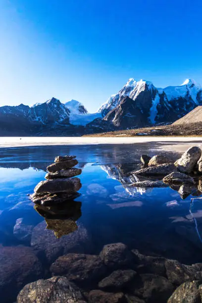 One of the highest glacier lake which can be reached by a nicely paved road is Gurudongmar, semi frozen at the time and situated in the upper reaches of Sikkim, captured in the wonderful morning light