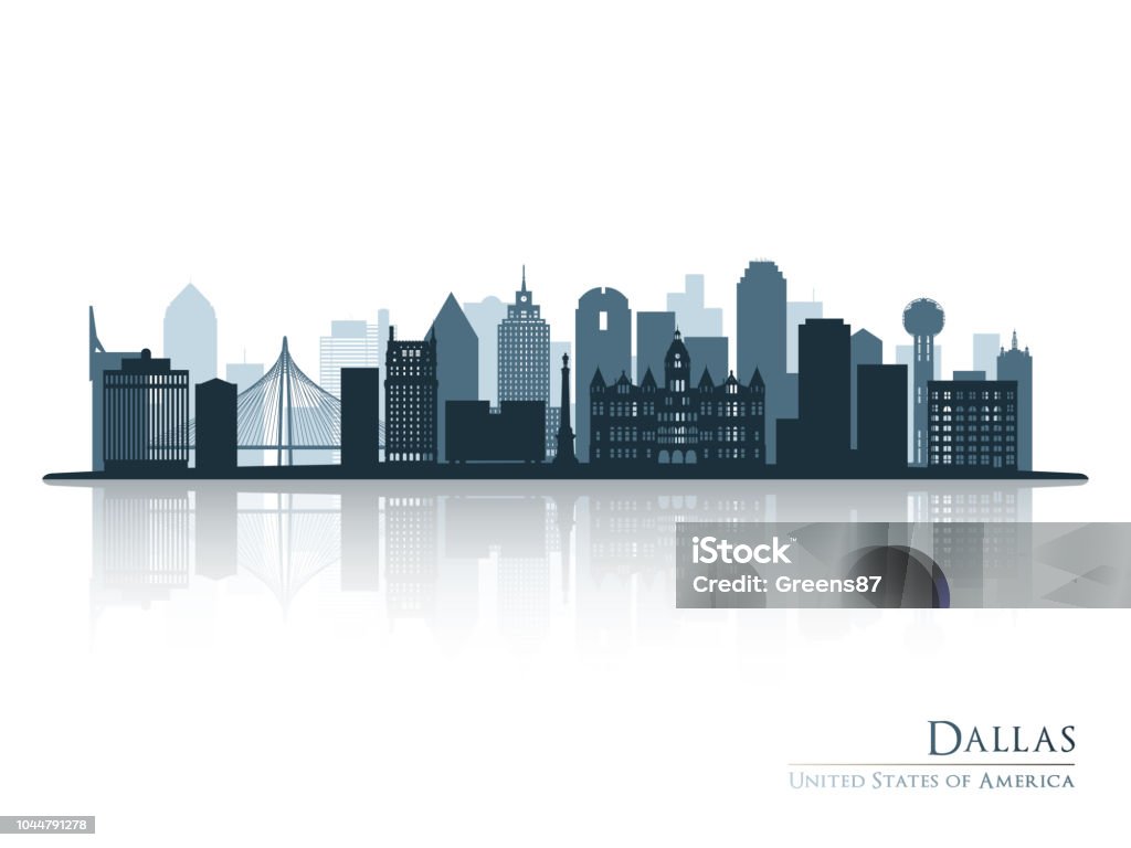 Silhouette bleu horizon de Dallas avec réflexion. Illustration vectorielle. - clipart vectoriel de Dallas libre de droits