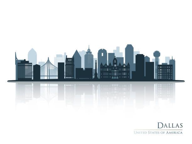 Dallas blue skyline silhouette with reflection. Vector illustration. Dallas blue skyline silhouette with reflection. Vector illustration. texas illustrations stock illustrations