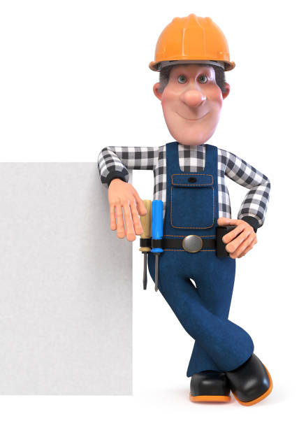 3D illustration of funny plumber engineer character is getting ready to repair