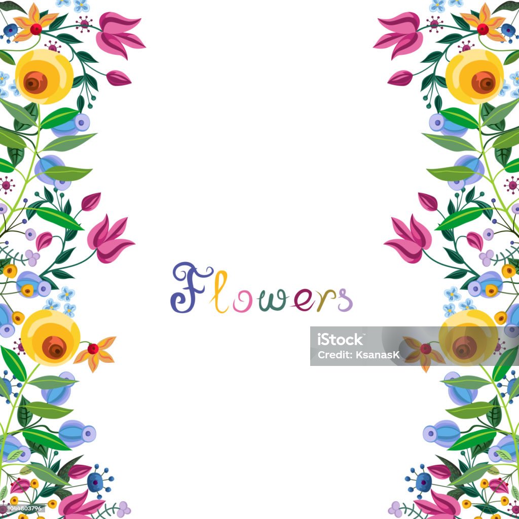 Vintage floral border. Abstract fancy flowers. Summer blooming frame at white background. Card or wedding invitation template. Watercolor painting imitation vector illustration. Flowerbed stock vector