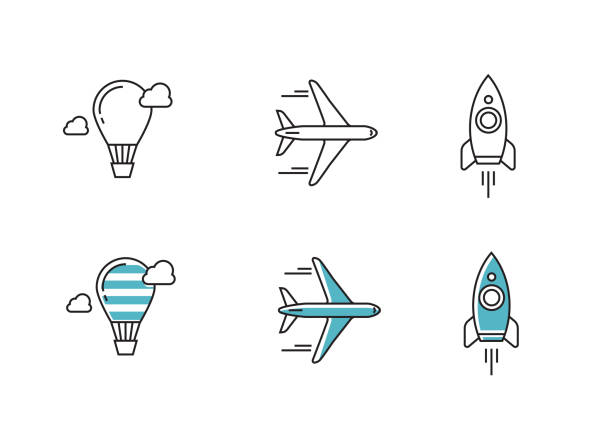 ilustraciones, imágenes clip art, dibujos animados e iconos de stock de vector iconos de contorno - cohete espacial