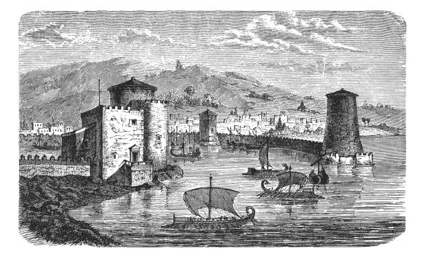 Phoenician trading city. Reconstruction. illustration of Phoenician trading city. Reconstruction. phoenicia stock illustrations