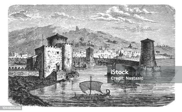 Phoenician Trading City Reconstruction Stock Illustration - Download Image Now - Phoenicia - Ancient Civilization, Mediterranean Sea, Ship