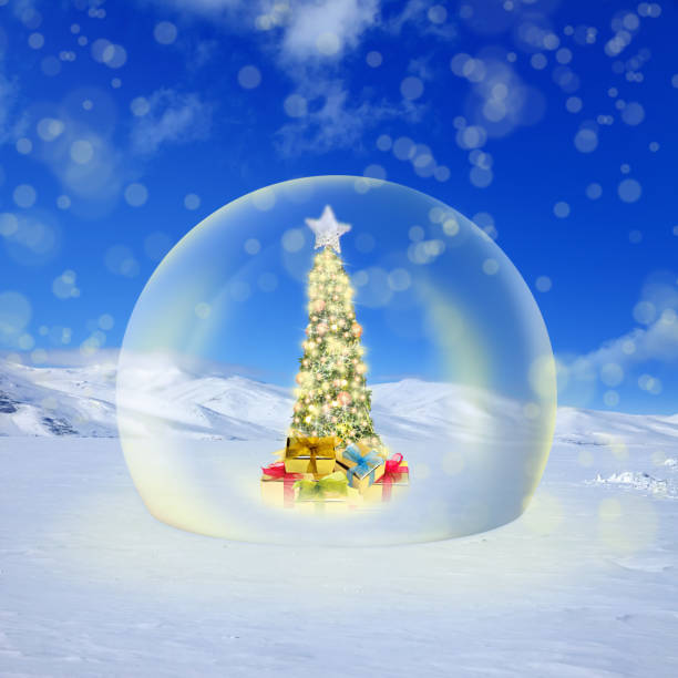 decorated outdoor christmas tree in glass sphere on snow covered landscape - christmas decoration campanula decoration christmas imagens e fotografias de stock