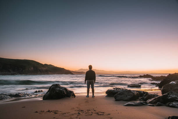istock Rear view of young man at empty beach at sunset 1044808082