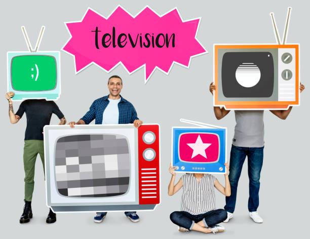 istock Happy people holding TV icons 1044812062