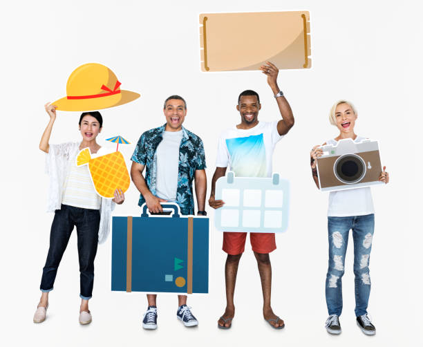 istock Happy diverse people holding travel icons 1044812152