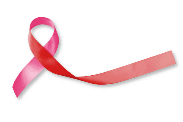 nastro rosa - nastro rosso (isolato con percorso di ritaglio) su fiocco di colore simbolico per hiv aids e seno, consapevolezza della malattia del cancro cervicale - aids awareness ribbon ribbon bow cut out foto e immagini stock