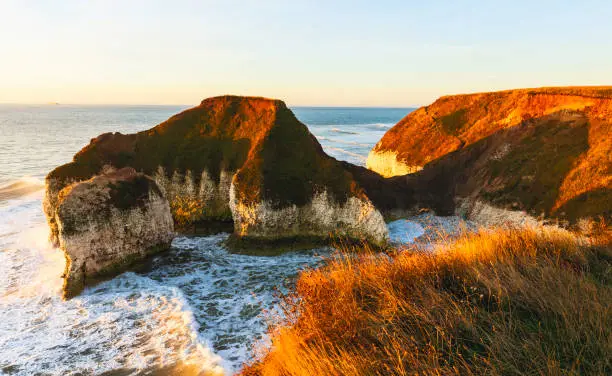 Flamborough, Yorkshire, UK. Sea and environmental erosion on chalk cliffs flanked by grasses at dawn at Flamborough Head, Yorkshire, UK.