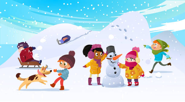 ilustrações de stock, clip art, desenhos animados e ícones de vector illustration of multiracial kids playing outdoors. girls and boys making snowman in winter, children playing in snowballs, sledding, playing with dog. mentor man looks after the children - christmas snow child winter