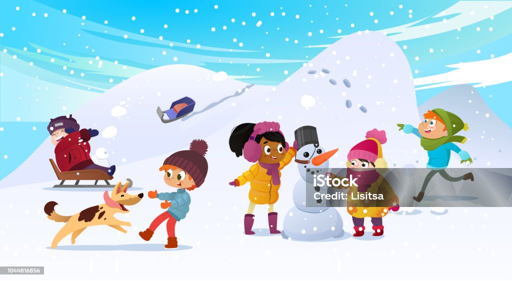 Vector Illustration of multiracial kids playing outdoors. Girls and boys making snowman in winter, children playing in snowballs, sledding, playing with dog. Mentor man looks after the children Vector Illustration of multiracial kids playing outdoors. Girls and boys making snowman in winter, children playing in snowballs, sledding, playing with dog. Mentor man looks after the children. Child stock vector