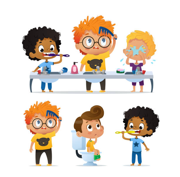 Vector Set of Illustration of cute kindergarten multiracial kids doing morning routine. Boy Brushing his teeth. Cute kindergarten Boy combs his tousle hair. Boy on the toilet Vector Set of Illustration of cute kindergarten multiracial kids doing morning rutine. Boy Brushing his teeth. Cute kindergarten Boy combs his tousle hair. Boy on the toilet black man brushing teeth stock illustrations