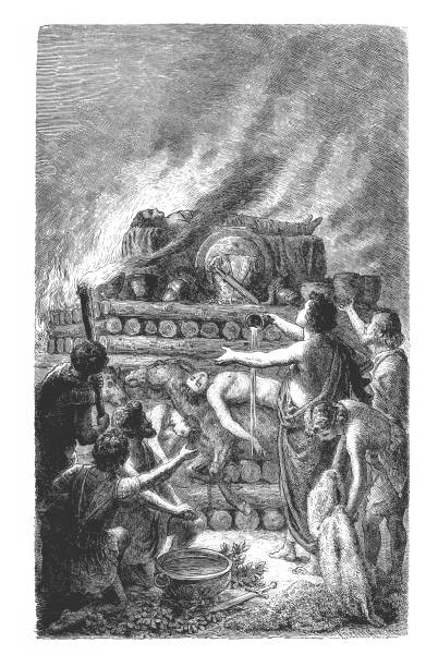 Patroclus cremated on a funeral pyre, Greek mythology illustration of Patroclus cremated on a funeral pyre, Greek mythology military funeral stock illustrations