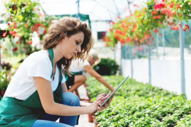 istock Young florist holding digital tablet in greenhouse 1044827810