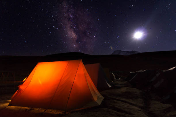 Moon and the milky way in ladakh Moonlit night with milky way galaxy rising above our camp and tents in Ladakh lahaul and spiti district photos stock pictures, royalty-free photos & images