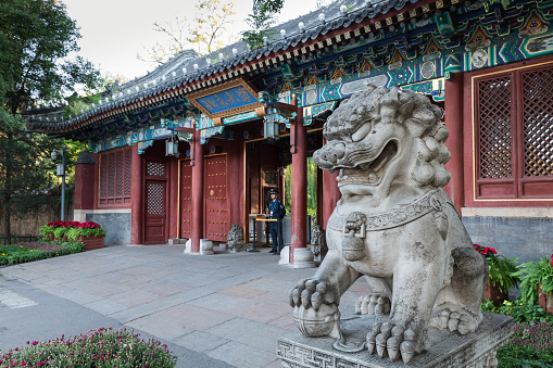 Beijing, China - September 23, 2018: Chinese guardian lion. Located in west gate of Peking University, Beijing, China.