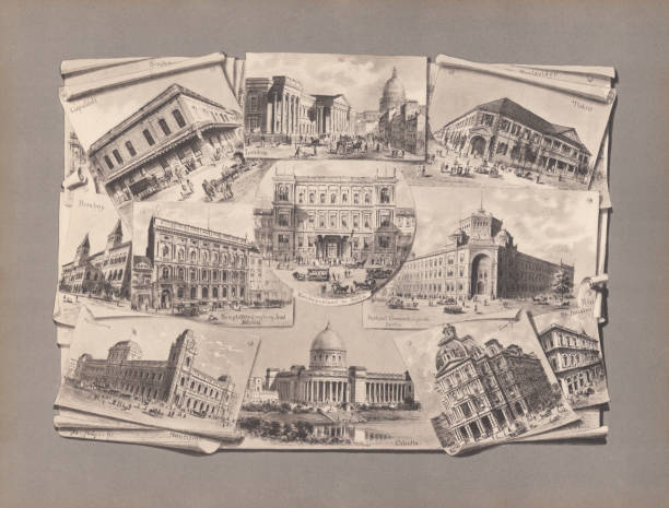 знаменитые городские пейзажи в прошлом, коллотип, опубликованный в 1885 году - 19th century style urban scene horizontal sepia toned stock illustrations