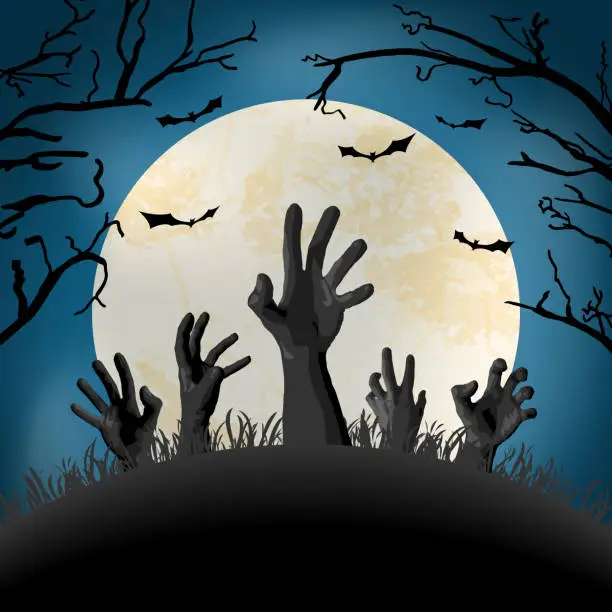 Vector illustration of Halloween zombie hand in front of full moon