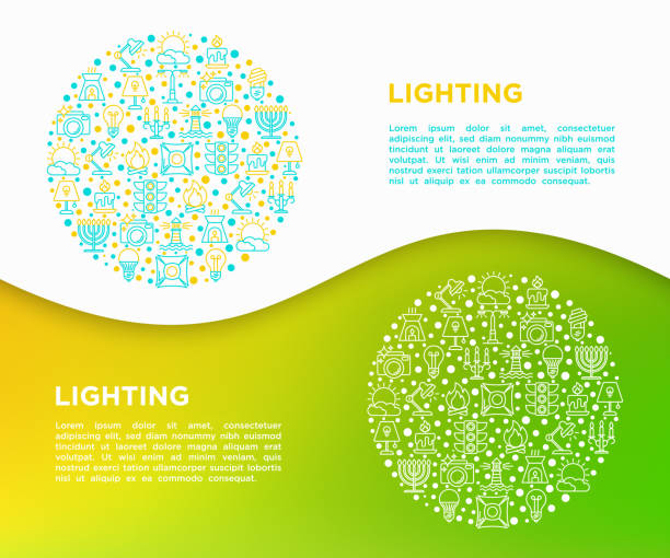 illustrazioni stock, clip art, cartoni animati e icone di tendenza di concetto di illuminazione in cerchio con icone di linea sottile: lampadina, led, cfl, candela, lampada da tavolo, luce del sole, faretto, flash, candelabro, falò, menorah, faro. illustrazione vettoriale, modello di supporto di stampa. - night table flash