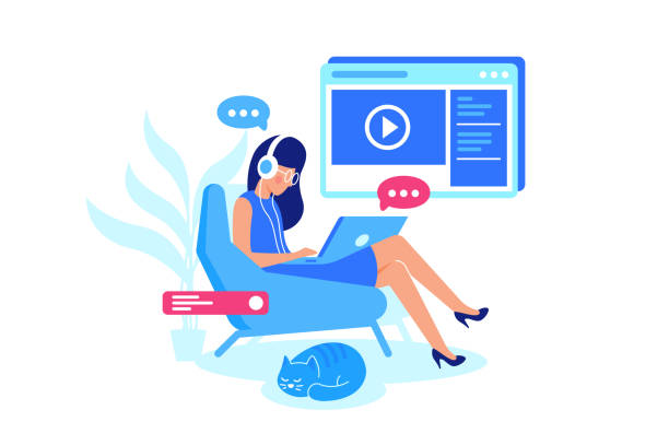 Online courses, e-learning, listening lesson. Online courses, e-learning, listening lesson. Woman watch video and chat with teacher. Vector illustration. social listening stock illustrations