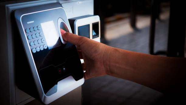 finger print scan for enter security system with copyspace. - biometrics imagens e fotografias de stock