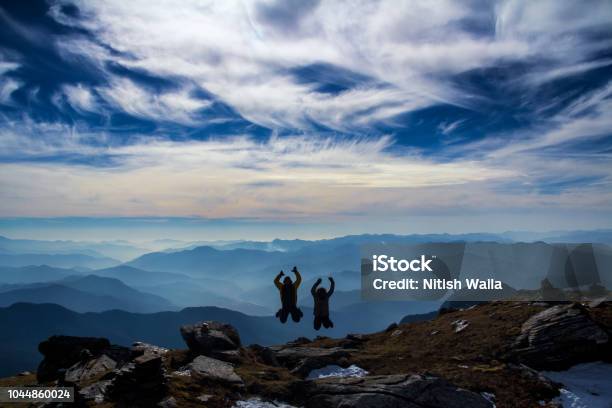 Jump To The Summit Of Kedarkantha Stock Photo - Download Image Now - Adult, Adventure, Asia