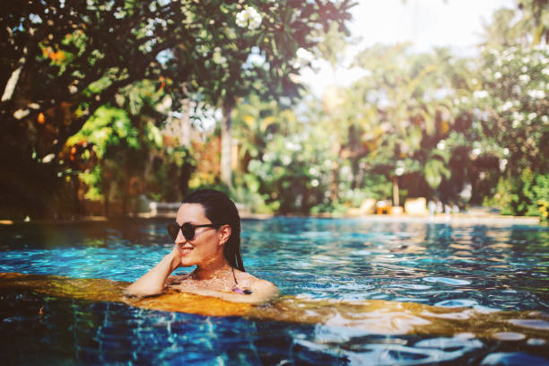 istock Young woman relaxing in the pool 1044865994