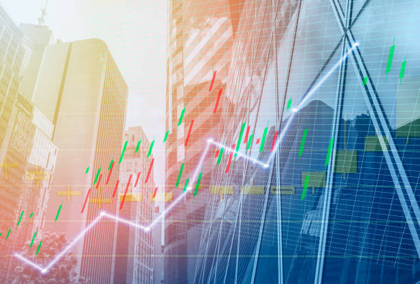 istock Composing with business building and stock chart (red bear chart) 1044870528