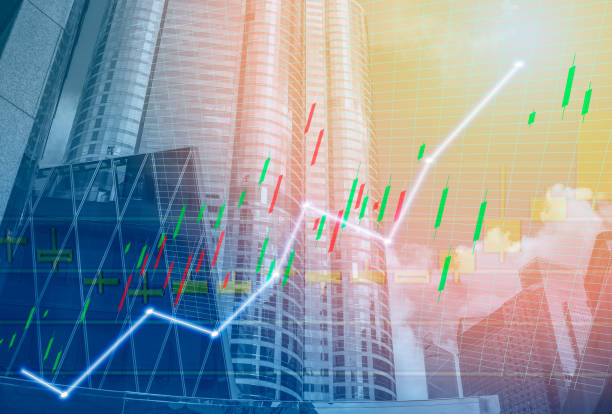 istock Composing with business building and stock chart (red bear chart) 1044870626