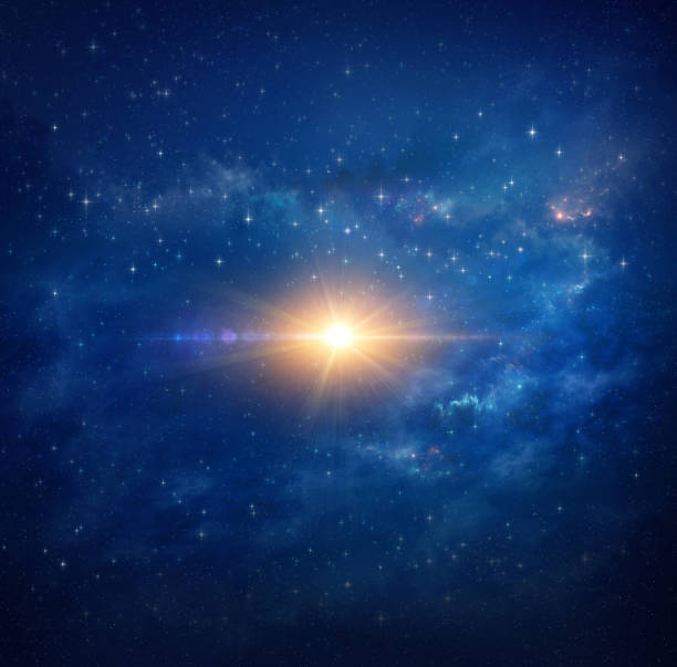 Bright star in outer space Bright star shining in deep space, stellar explosion in star clusters. High resolution galaxy background. big bang stock illustrations