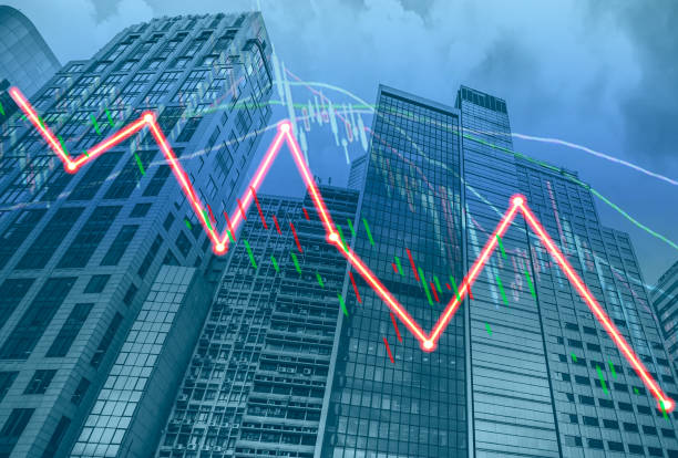 istock Composing with business building and stock chart (red bear chart) on background 1044871906