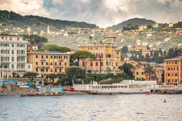 The beautiful coastline of Italy showing the large houses in town of Santa Margherita Ligure The beautiful coastline of Italy showing the large houses in town of Santa Margherita Ligure santa margherita ligure italy stock pictures, royalty-free photos & images