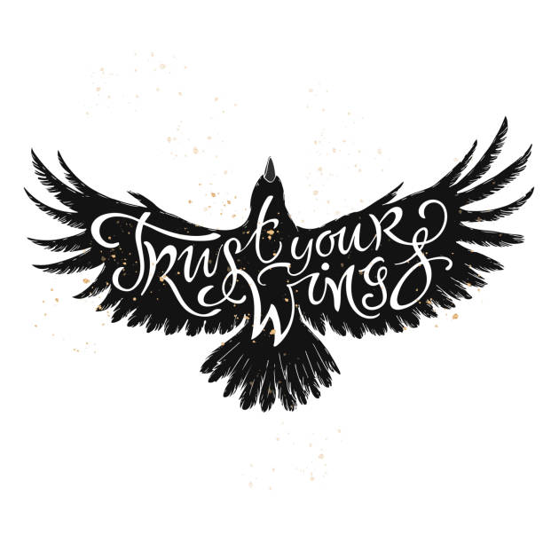 Brush lettering inspiration quote placed in a form of a flying bird and saying Trust your wings. Hand drawn typography poster. Brush lettering inspiration quote placed in a form of a flying bird and saying Trust your wings. Great for posters, greeting cards. bird quotes stock illustrations