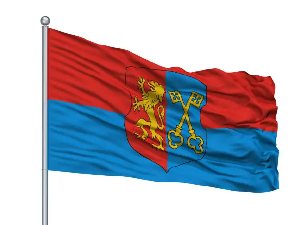 Lida City Flag On Flagstaff, Country Belarus, Isolated On White Background, 3D Rendering