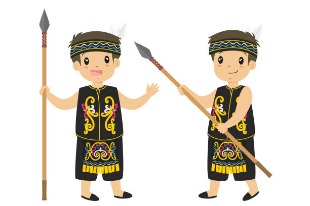 ilustrações, clipart, desenhos animados e ícones de dayak garoto segurando lança coleção de vetor de cartoon - dayak