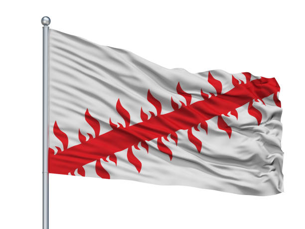 istock Mouscron City Flag On Flagpole, Belgium, Isolated On White Background 1044891844