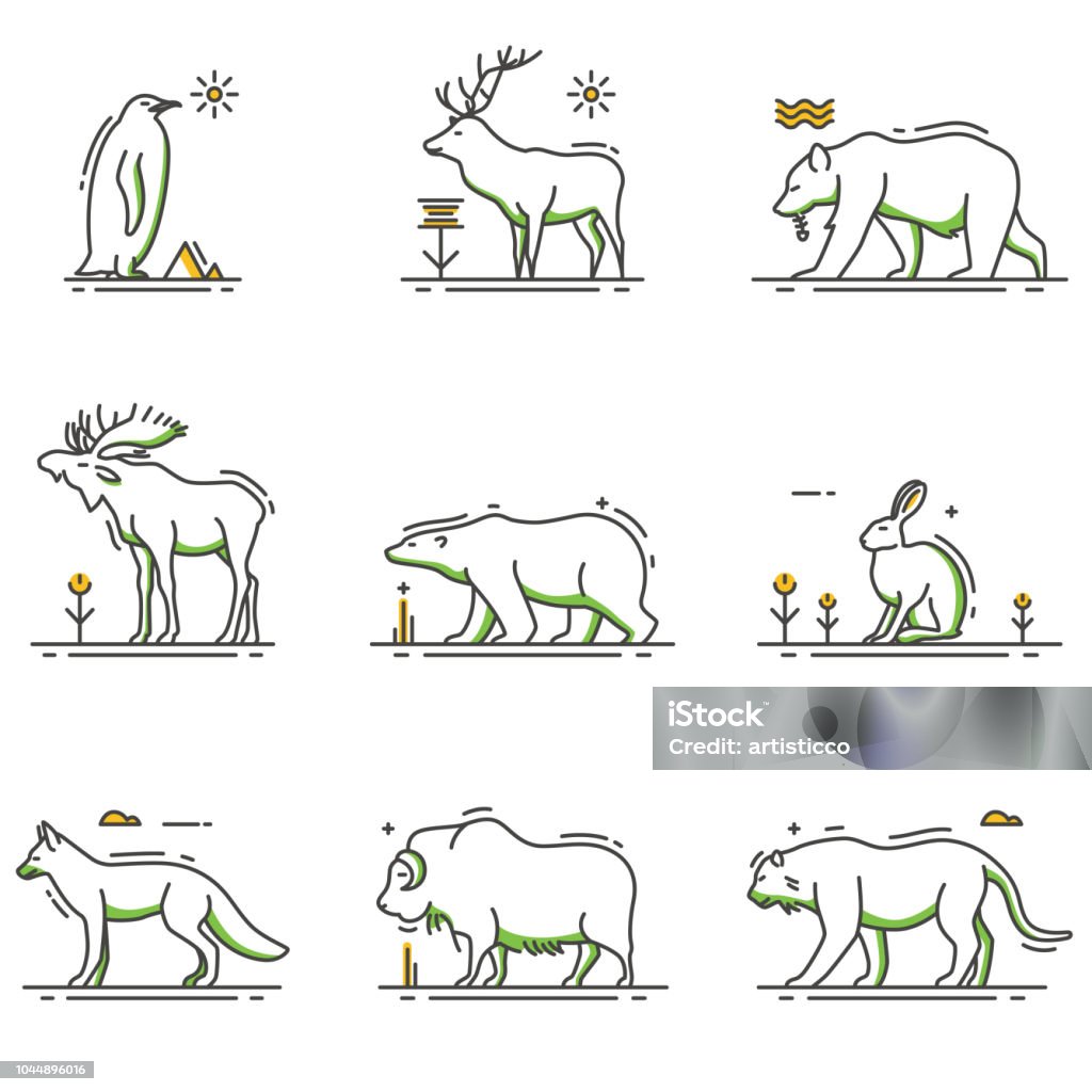 Winter Animals Cartoon in Outline Set A vector illustration of Winter Animals Cartoon in Outline Set Icon Symbol stock vector