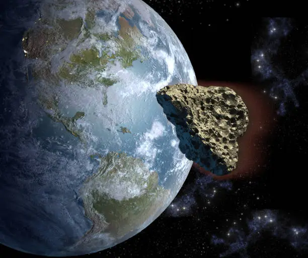 3D Illustration of a heart shaped asteroid on a collision course with Earth. The 3D mapping of Earth background uses a file provided under general permission by NASA on the following link: http://www.nasa.gov/multimedia/guidelines