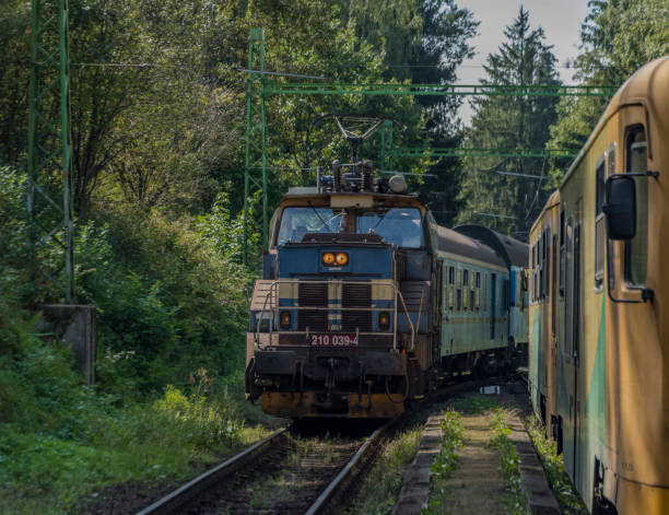 istock Blue electric train in station Rozmberk nad Vltavou 1044898866