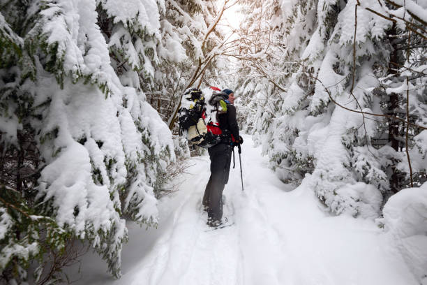 istock Adventurer, with big backpack, is walking in snowshoes 1044900122