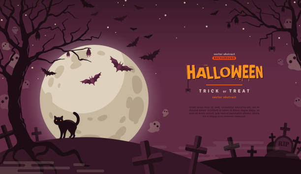 baner halloweenowy z księżycem - cemetery halloween moon spooky stock illustrations