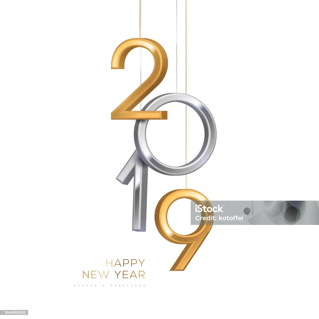 2019 silver and gold numbers 2019 silver and gold numbers hanging on white background. Vector illustration. Minimal invitation design for Christmas and New Year. 2019 stock vector