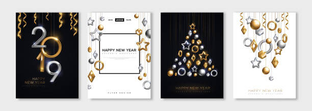 New Year posters set Christmas and New Year posters set with hanging gold and silver 3d baubles and 2019 numbers. Vector illustration. Winter holiday invitations with geometric decorations new year 2019 stock illustrations