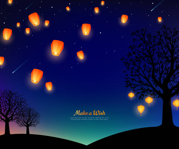 ilustrações, clipart, desenhos animados e ícones de lanternas do céu à noite - lantern wishing sky night