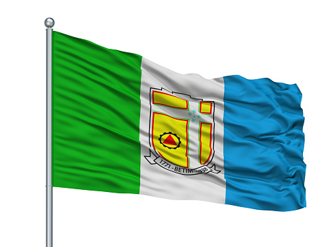 Betim City Flag On Flagstaff, Country Brasil, Isolated On White Background, 3D Rendering